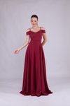 Bordo Uzun Omuz Detay Askılı Abiye Elbise