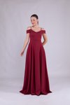 Bordo Uzun Omuz Detay Askılı Abiye Elbise