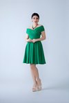 Mini Flared Pleated Drapey Boat Neck Evening Dress - Grass Green