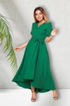Çimen Yeşili Uzun Asimetrik Kesim Kruvaze Yaka Kısa Kol Abiye Elbise