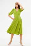 Fıstık Yeşili Midi Balon Kol V Yaka Korsaj Kemer Detaylı Abiye Elbise