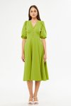 Fıstık Yeşili Midi Balon Kol V Yaka Korsaj Kemer Detaylı Abiye Elbise