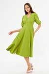 Fıstık Yeşili Midi Balon Kol V Yaka Korsaj Kemer Detaylı Abiye Elbise