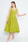 Fıstık Yeşili Midi Kloş V Yaka Pileli Sırtı Fiyonklu Elbise