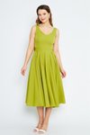 Fıstık Yeşili Midi Kloş V Yaka Pileli Sırtı Fiyonklu Elbise