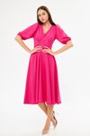 Fuşya Midi Balon Kol V Yaka Korsaj Kemer Detaylı Dokuma Elbise