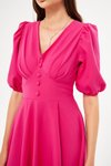 Fuşya Midi Balon Kol V Yaka Korsaj Kemer Detaylı Dokuma Elbise