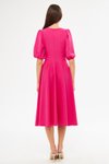 Fuşya Midi Balon Kol V Yaka Korsaj Kemer Detaylı Dokuma Elbise