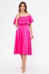 Fuşya Midi Düşük Omuz Fırfır Yaka Elbise