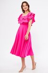 Fuşya Midi Düşük Omuz Fırfır Yaka Elbise