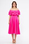 Fuşya Midi Düşük Omuz Fırfır Yaka Elbise