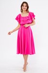 Fuşya Midi Düşük Omuz Fırfır Yaka Elbise