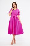 Fuşya Midi Kısa Kol Kruvaze Yaka Büzgülü Kuşaklı Elbise
