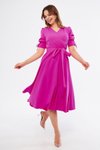 Fuşya Midi Kısa Kol Kruvaze Yaka Büzgülü Kuşaklı Elbise