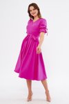 Fuşya Midi Kısa Kol Kruvaze Yaka Büzgülü Kuşaklı Elbise
