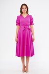 Fuşya Midi Kısa Kol Kruvaze Yaka Büzgülü Kuşaklı Elbise