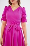 Fuşya Midi Kısa Kol Kruvaze Yaka Büzgülü Kuşaklı Elbise