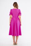 Fuşya Midi Kısa Kol Kruvaze Yaka Büzgülü Kuşaklı Elbise