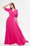Fuşya Uzun Balon Kol V Yaka Korsaj Kemer Detay Abiye Elbise