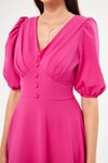 Fuşya Uzun Balon Kol V Yaka Korsaj Kemer Detay Abiye Elbise