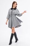 Gri Ekose Mini Kloş Beli Lastikli Demonte Siyah Yaka Hediyeli Elbise