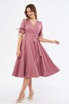 Midi Short Sleeve Ruched Belted Wrap Evening Dress - Dusty Rose