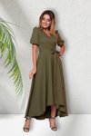 Haki Midi Kısa Kol Asimetrik Kesim Kruvaze Yaka Elbise