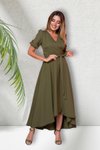 Haki Midi Kısa Kol Asimetrik Kesim Kruvaze Yaka Elbise