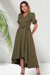 Haki Midi Kısa Kol Asimetrik Kesim Kruvaze Yaka Elbise