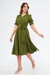 Haki Midi Kruvaze Yaka Kuşaklı Büzgülü Elbise