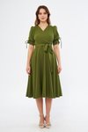 Haki Midi Kruvaze Yaka Kuşaklı Büzgülü Elbise