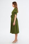 Haki Midi Kruvaze Yaka Kuşaklı Büzgülü Elbise