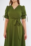 Haki Midi Kruvaze Yaka Kuşaklı Büzgülü Elbise