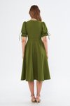 Haki Midi Kruvaze Yaka Kuşaklı Büzgülü Elbise