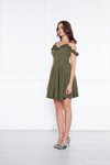 Haki Mini Pileli Kloş Ayarlanabilir Askılı Yaka Fırfır Detay Abiye Elbise