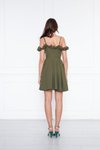 Haki Mini Pileli Kloş Ayarlanabilir Askılı Yaka Fırfır Detay Abiye Elbise