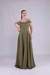 Haki Uzun Askılı Omuz Detaylı Abiye Elbise