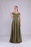 Haki Uzun Askılı Omuz Detaylı Abiye Elbise