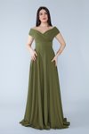 Haki Uzun Dökümlü Kayık Kruvaze Yaka Düşük Omuz Abiye Elbise