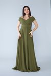 Haki Uzun Dökümlü Kayık Kruvaze Yaka Düşük Omuz Abiye Elbise