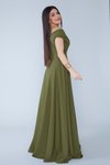 Haki Uzun Dökümlü Kayık Kruvaze Yaka Düşük Omuz Abiye Elbise