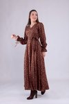 Long Sleeve Floral Velvet Wrap Dress - Brown