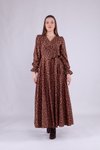 Kahve Çiçek Desenli Kadife Kruvaze Yaka Uzun Kol Elbise