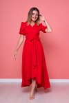 Kırmızı Asimetrik Kesim Önü Kısa Arkası Uzun Kruvaze Yaka Abiye Elbise