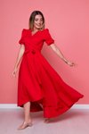 Kırmızı Asimetrik Kesim Önü Kısa Arkası Uzun Kruvaze Yaka Abiye Elbise