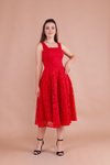 Kırmızı Fransız Dantel Midi Kare Yaka Kalın Askılı Abiye Elbise