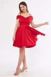 Kırmızı Mini Askılı Kloş Kayık Yaka Pileli Abiye Elbise