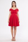 Kırmızı Mini Askılı Kloş Kayık Yaka Pileli Abiye Elbise