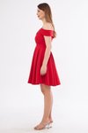 Kırmızı Mini Askılı Kloş Kayık Yaka Pileli Abiye Elbise