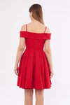 Kırmızı Mini Askılı Kloş Kayık Yaka Pileli Abiye Elbise
